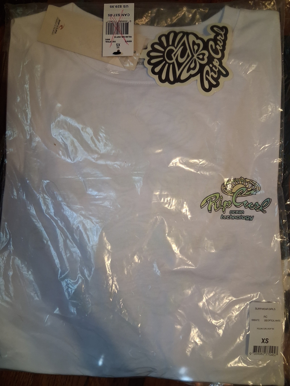 Rip Curl White Short-Sleeve Tee with Green Logo Accent